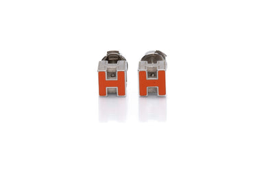 HERMES Palladium Lacquered Cage d'H Orange Sature Earrings