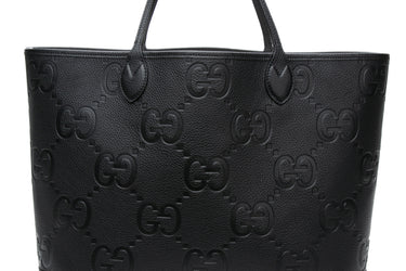 GUCCI Black Monogram Jumbo GG Calfskin Web Large Shopping Tote Bag