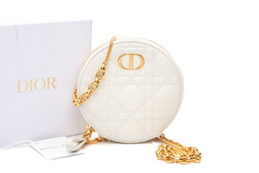 DIOR White Cannage Caro Round Pouch with Chain