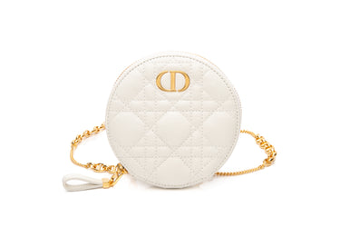DIOR White Cannage Caro Round Pouch with Chain