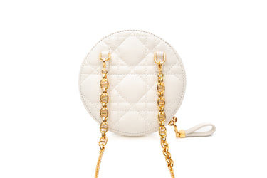 DIOR White Cannage Caro Round Pouch with Chain