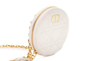 DIOR White Cannage Caro Round Pouch with Chain