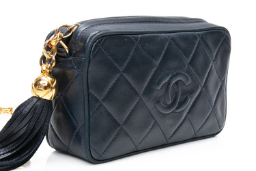 CHANEL Vintage Navy Blue Lambskin Quilted Tassel Camera Crossbody Bag