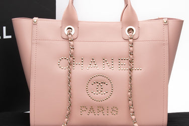 CHANEL Light Pink Caviar Leather Studded Small Deauville Tote