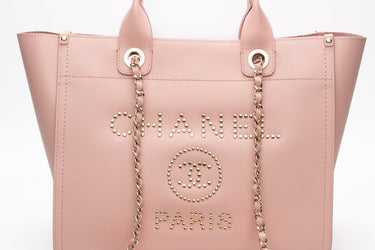 CHANEL Light Pink Caviar Leather Studded Small Deauville Tote