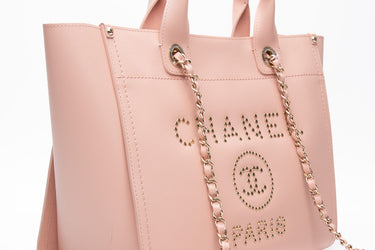 CHANEL Light Pink Caviar Leather Studded Small Deauville Tote