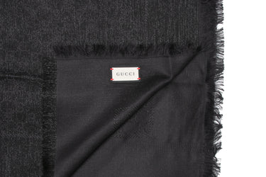 GUCCI Black GG Jacquard Wool and Silk Blend Scarf/Shawl Fringe Trim (New)
