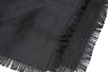 GUCCI Black GG Jacquard Wool and Silk Blend Scarf/Shawl Fringe Trim (New)