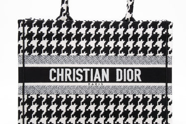 DIOR Black and White Canvas Macro Houndstooth Embroidered Medium Book Tote Bag