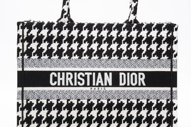 DIOR Black and White Canvas Macro Houndstooth Embroidered Medium Book Tote Bag