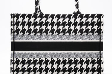 DIOR Black and White Canvas Macro Houndstooth Embroidered Medium Book Tote Bag