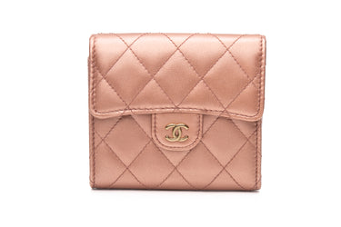 CHANEL Rose Gold Metallic Lambskin Quilted Compact Flap Wallet