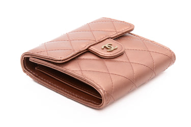 CHANEL Rose Gold Metallic Lambskin Quilted Compact Flap Wallet