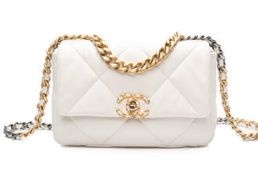 CHANEL White Goatskin Quilted Chanel 19 Flap Bag