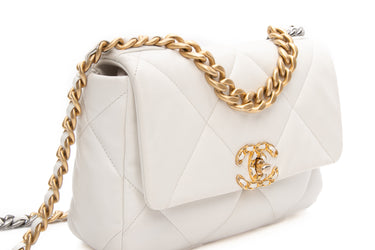 CHANEL White Goatskin Quilted Chanel 19 Flap Bag