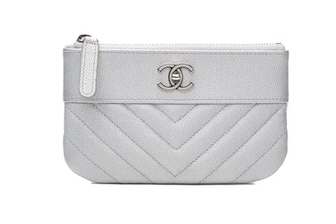 CHANEL Metallic Silver Caviar Chevron Quilted Small Mademoiselle Zip Pouch Case