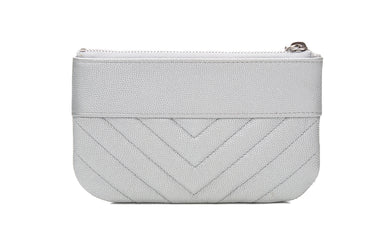 CHANEL Metallic Silver Caviar Chevron Quilted Small Mademoiselle Zip Pouch Case