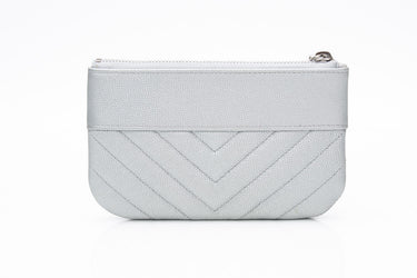 CHANEL Metallic Silver Caviar Chevron Quilted Small Mademoiselle Zip Pouch Case