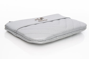 CHANEL Metallic Silver Caviar Chevron Quilted Small Mademoiselle Zip Pouch Case