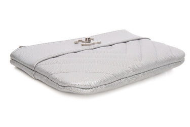 CHANEL Metallic Silver Caviar Chevron Quilted Small Mademoiselle Zip Pouch Case