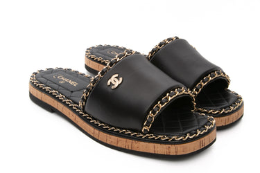CHANEL 22C Black Leather CC Chain Details Cork Mules 38