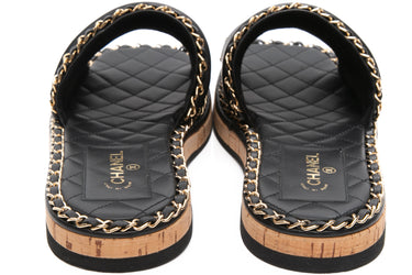 CHANEL 22C Black Leather CC Chain Details Cork Mules 38