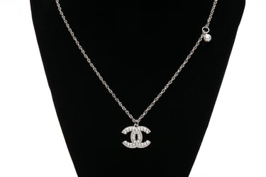 CHANEL 22P Crystal CC Pendant Silver Pearly White Crystal Necklace