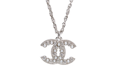 CHANEL 22P Crystal CC Pendant Silver Pearly White Crystal Necklace