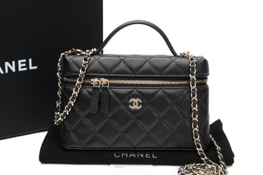 CHANEL 25K Black Caviar Quilted Top Handle Slim Vanity Case with Chain