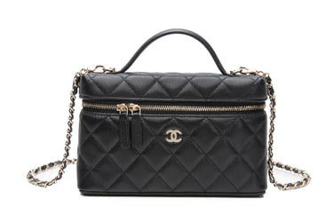 CHANEL 25K Black Caviar Quilted Top Handle Slim Vanity Case with Chain