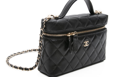 CHANEL 25K Black Caviar Quilted Top Handle Slim Vanity Case with Chain