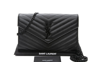 SAINT LAURENT Black on Black Cassandre Matelasse Envelope Chain Wallet