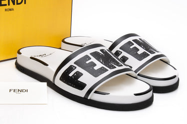 FENDI Black and White Roma Flat Slides 38.5