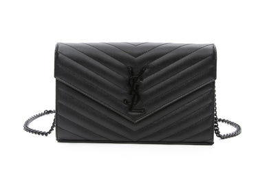 SAINT LAURENT Black on Black Cassandre Matelasse Envelope Chain Wallet