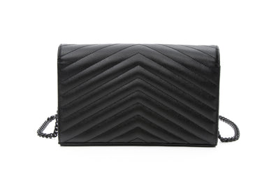 SAINT LAURENT Black on Black Cassandre Matelasse Envelope Chain Wallet