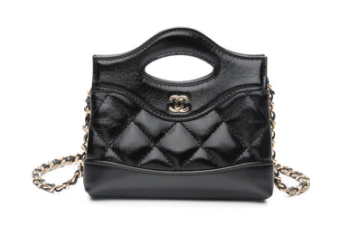 CHANEL Black Shiny Lambskin Quilted Micro 31 Clutch with Chain