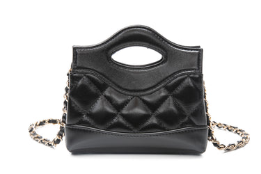 CHANEL Black Shiny Lambskin Quilted Micro 31 Clutch with Chain
