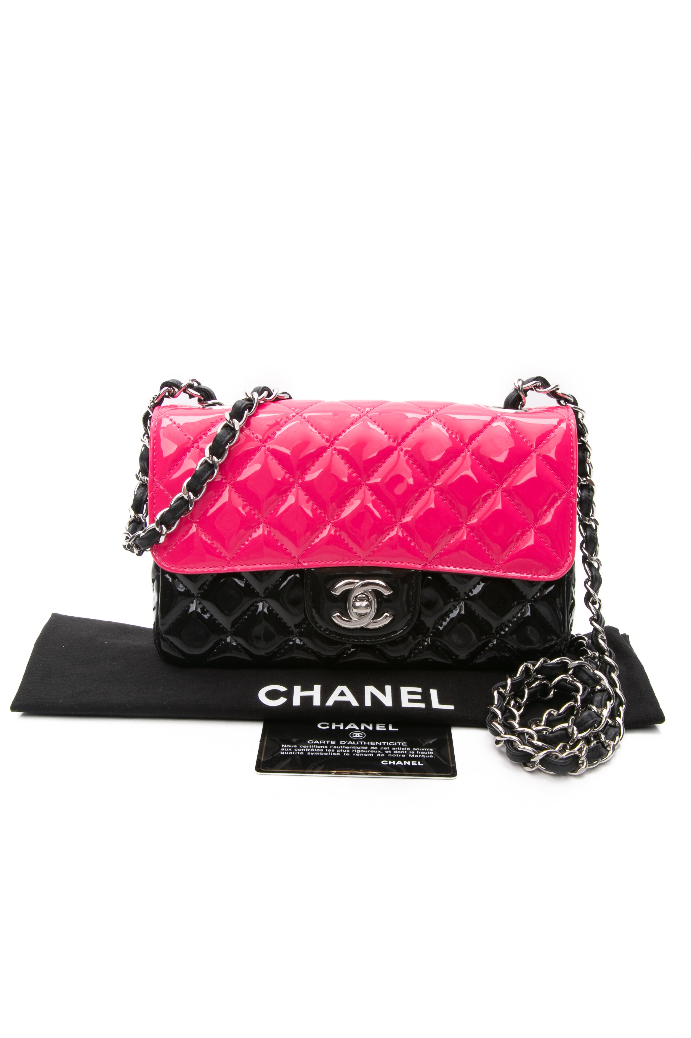 CHANEL Bi-Color Black and Pink Quilted Patent Leather Classic Rectangu ...