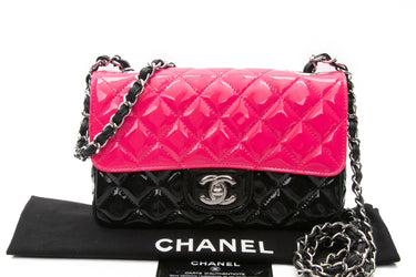 CHANEL Bi-Color Black and Pink Quilted Patent Leather Classic Rectangular Mini Flap Bag