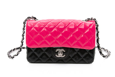 CHANEL Bi-Color Black and Pink Quilted Patent Leather Classic Rectangular Mini Flap Bag