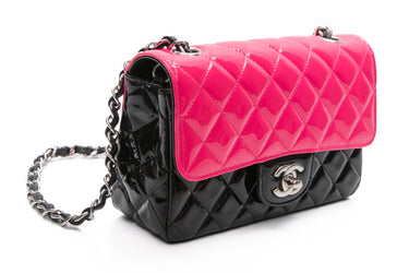 CHANEL Bi-Color Black and Pink Quilted Patent Leather Classic Rectangular Mini Flap Bag