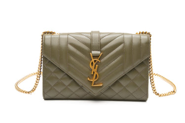 SAINT LAURENT Green Khaki Envelope Triquilt Small Crossbody Bag in Grained Leather