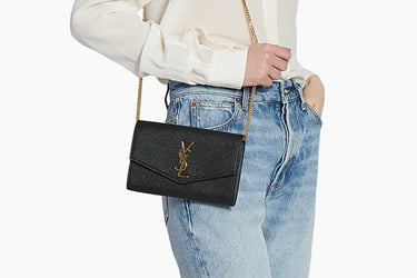 SAINT LAURENT Black Grain De Poudre Uptown Chain Wallet Crossbody Bag