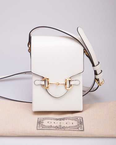 Gucci Horsebit 1955 White Calfskin and Gold Hardware Shoulder bag