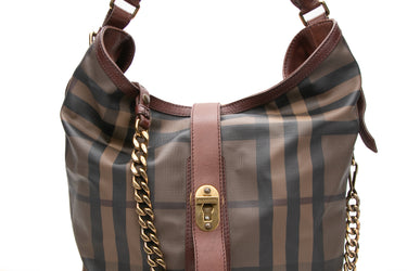BURBERRY Brown Smoked Check Canvas Chain Large Hobo Bag