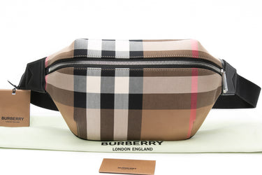BURBERRY Taupe Brown Nylon Giant Check Medium Sonny Bum Bag