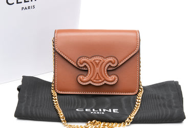 CELINE Tan Triomphe in Shiny Calfskin Card Holder on Chain (New)