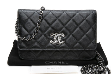 CHANEL Black Caviar Quilted Crystal CC Wallet On Chain WOC