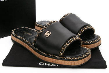 CHANEL 22C Black Leather CC Chain Details Cork Mules 38