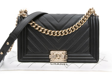 CHANEL Black Calfskin Chevron Quilted Medium Boy Flap
